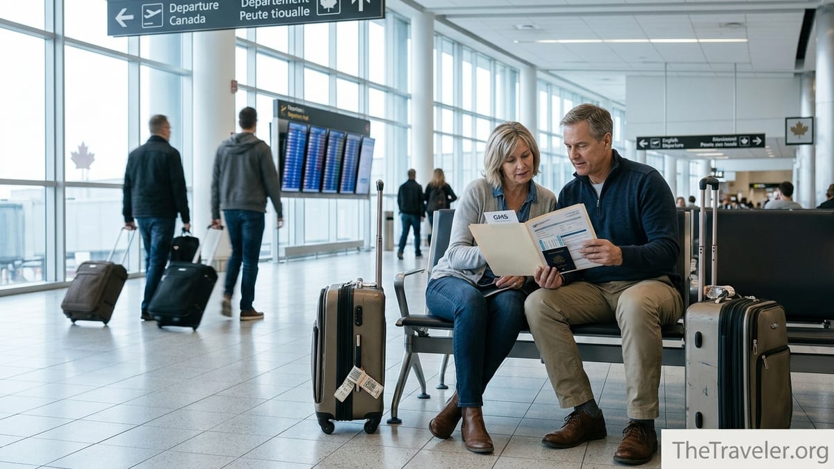 Couple reviewing travel insurance documents in a Canadian airport departure hall.