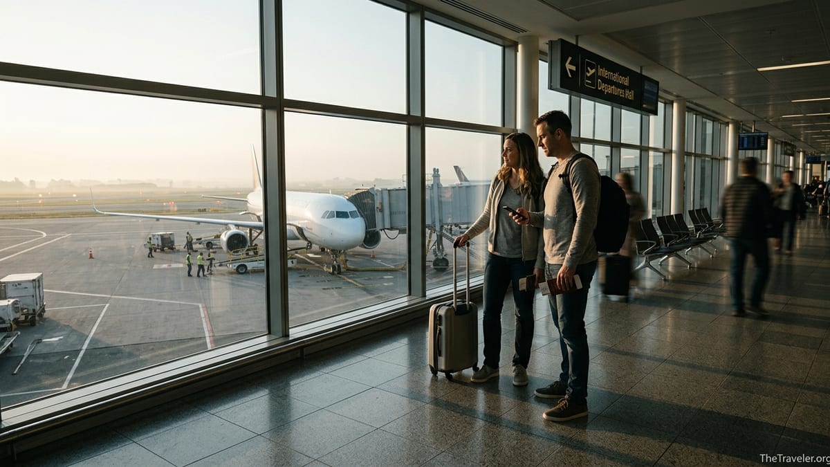 Canadian couple at an airport window reviewing travel insurance before boarding a flight.