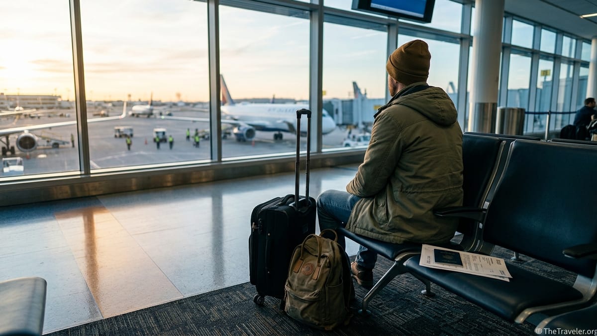 Traveler in an airport lounge reviewing travel insurance papers with suitcase by a large window.
