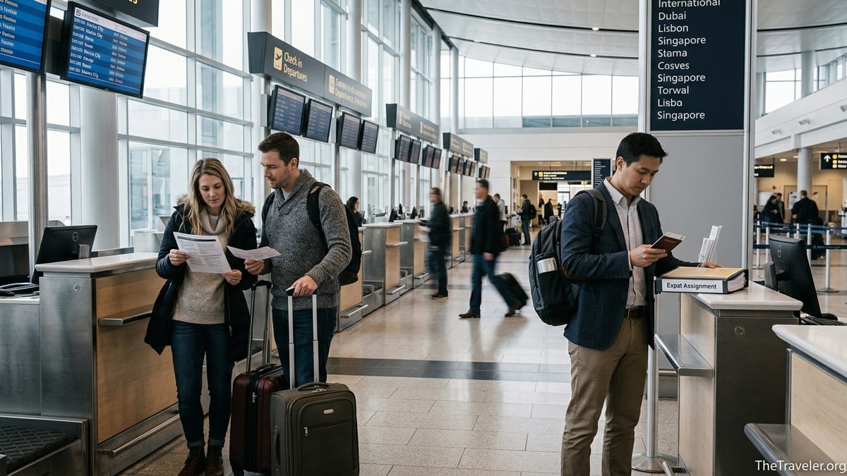 Travelers in an airport comparing documents before international flights