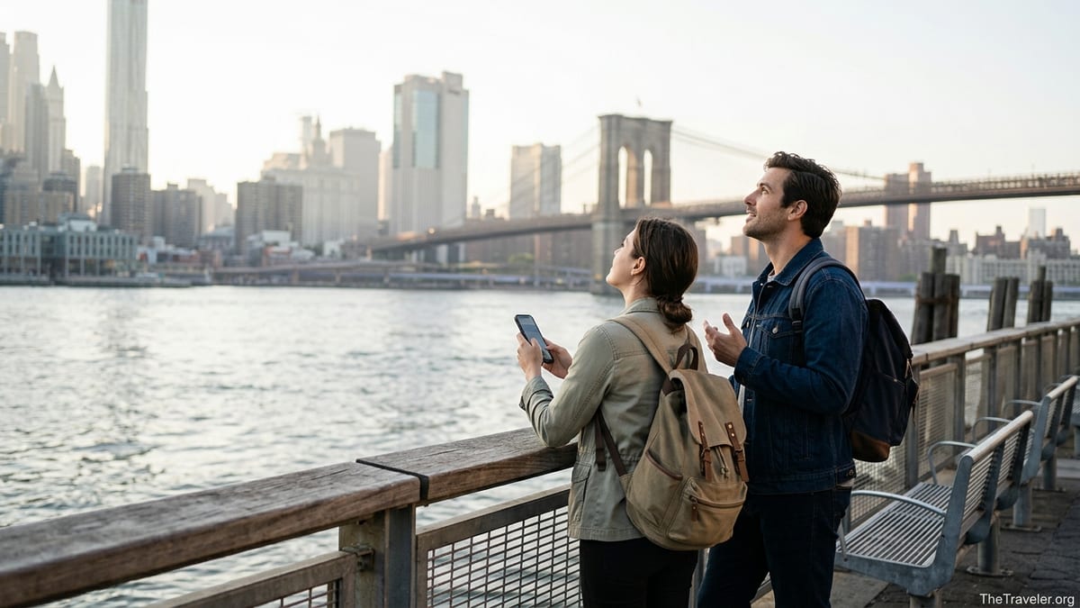 Travelers by the New York City waterfront checking a sightseeing app at golden hour