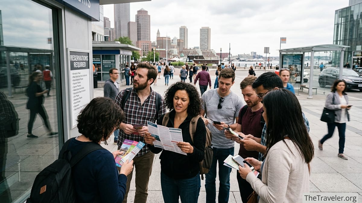 Tourists study Go City passes and reservation signs at a busy urban attraction entrance.
