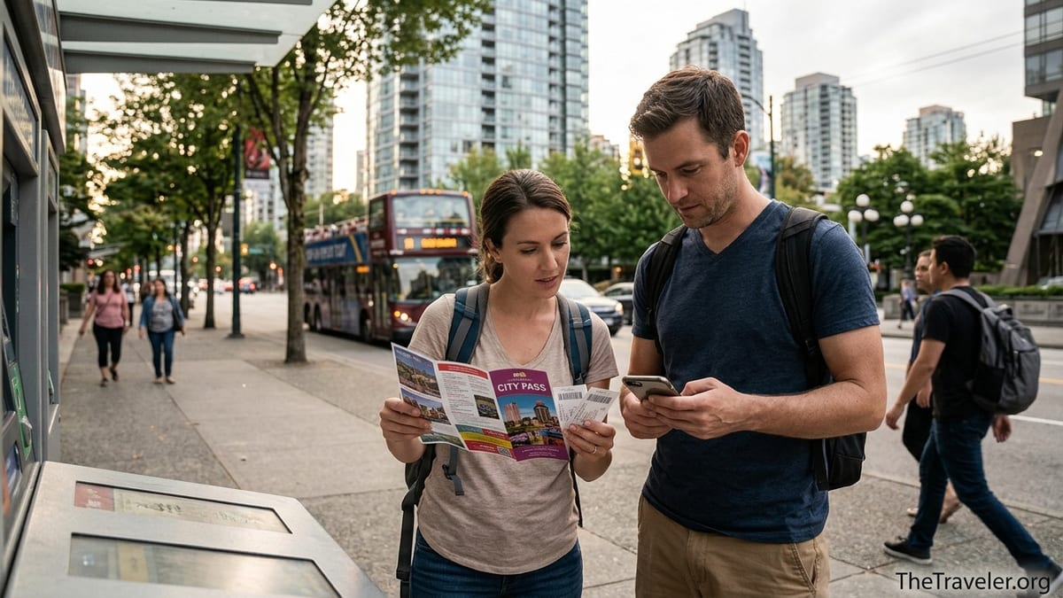 Travelers compare a city pass brochure and attraction tickets at an urban ticket kiosk.