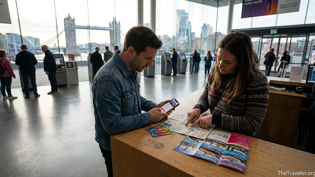 Two travelers comparing city sightseeing passes at an information counter with famous skylines in the background.