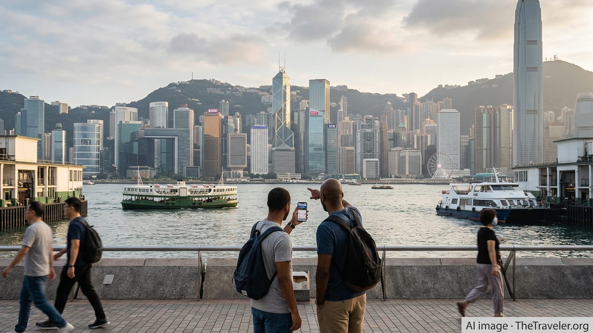 Tourists using a digital attraction pass app beside Victoria Harbour with Hong Kong skyline at sunset.
