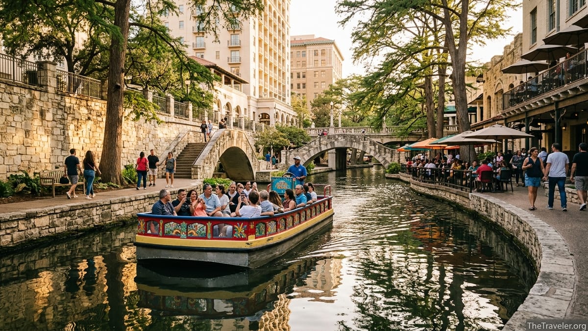 Go Rio sightseeing boat cruising along San Antonio River Walk at golden hour with diners and trees along the banks.