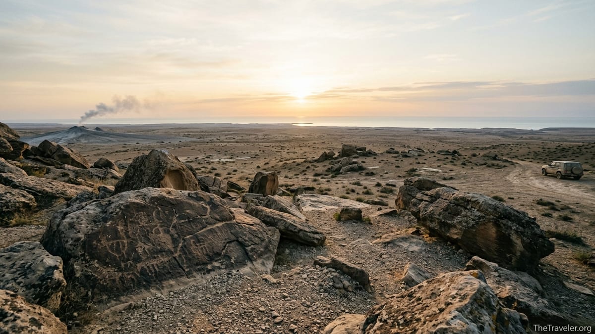 Rocky Gobustan landscape at sunrise with petroglyphs and distant Caspian Sea.