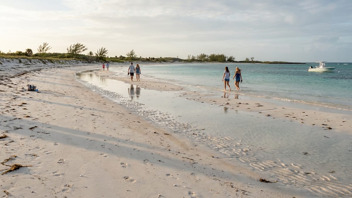 Late afternoon view of Gold Rock Beach, Grand Bahama Island, with relaxed visitors. 