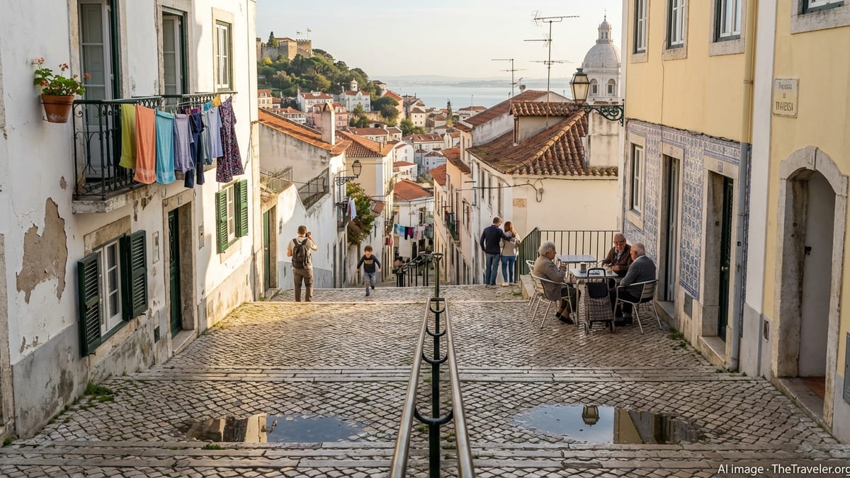 Golden hour view of Alfama's cobblestone streets, pastel houses, and Tagus River.