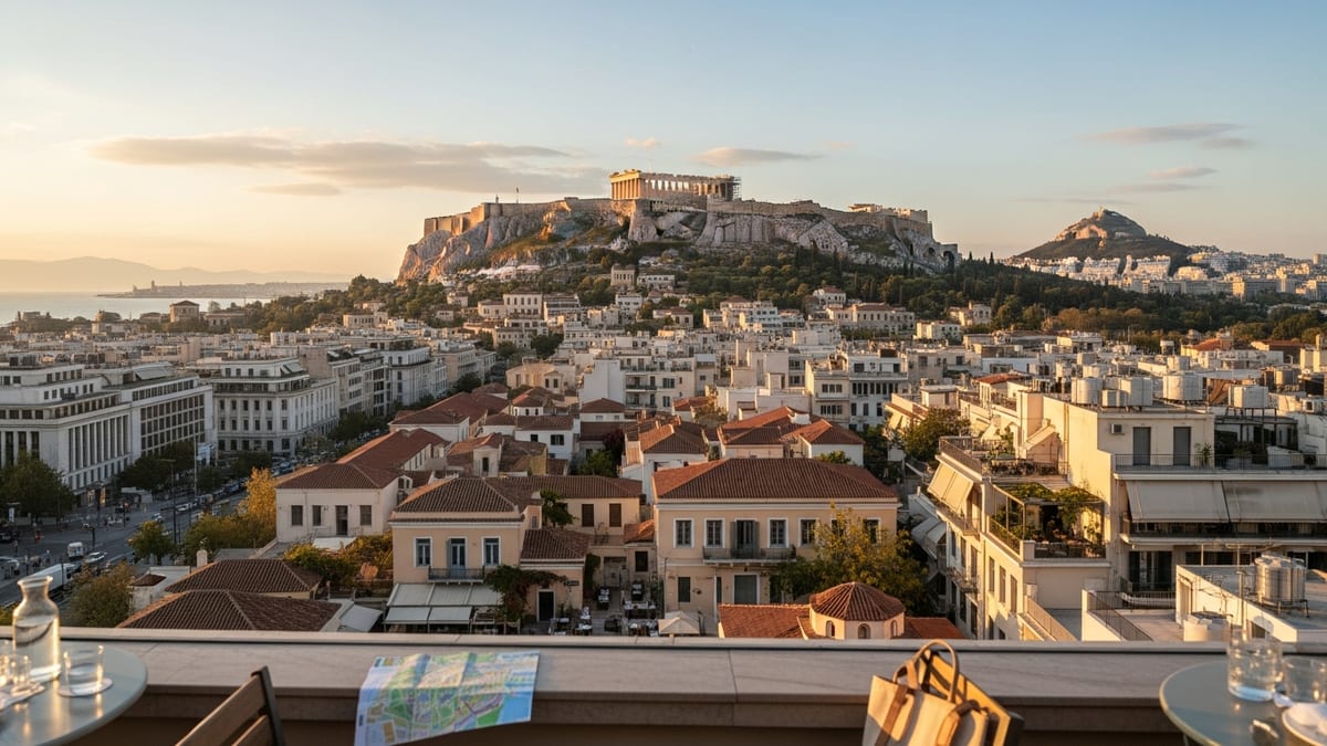 Golden hour view of Athens cityscape with Acropolis and Parthenon from a rooftop. 