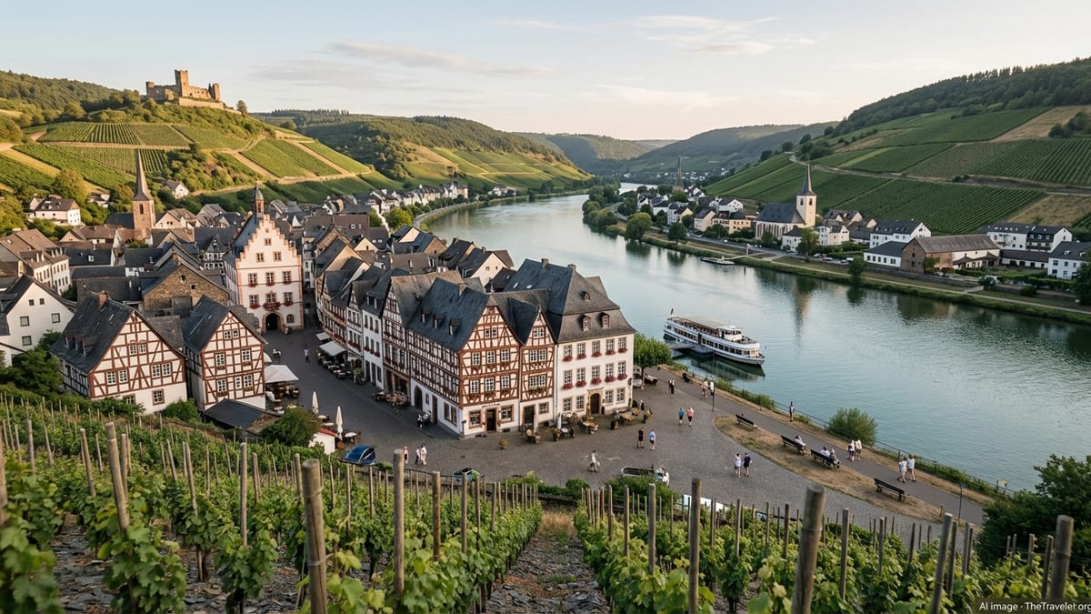 Golden hour view of Bernkastel-Kues from elevated vineyard, featuring medieval town and Mosel River.