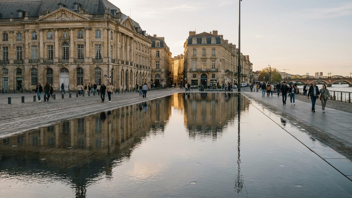 Golden hour view of Bordeaux's old town from Miroir d'Eau.