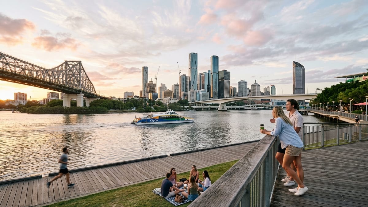 Golden hour view of Brisbane's skyline from Kangaroo Point boardwalk with locals enjoying the riverside.