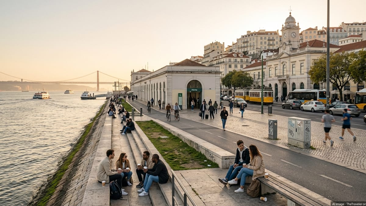 Golden hour at Lisbon's bustling Cais do Sodré waterfront with commuter ferries and trams.