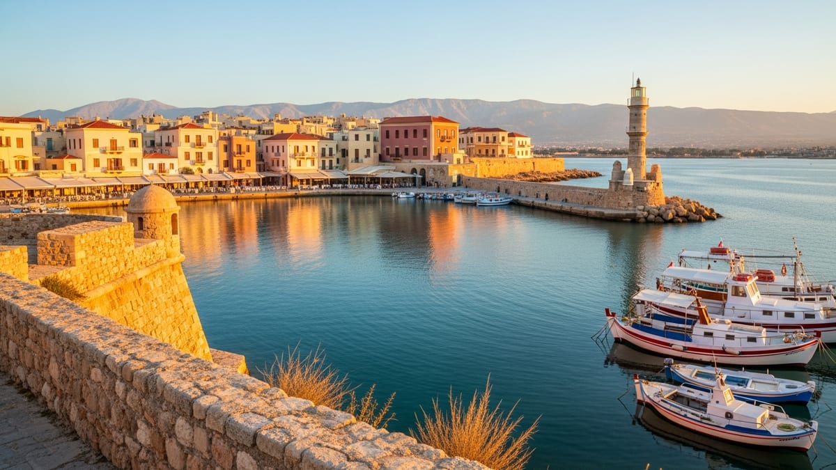 Golden hour at Chania's Old Venetian Harbor in Crete with lively waterfront activity. 