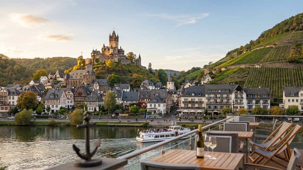 Golden hour view of Cochem, Moselle River, Reichsburg Castle, and riverside hotels.