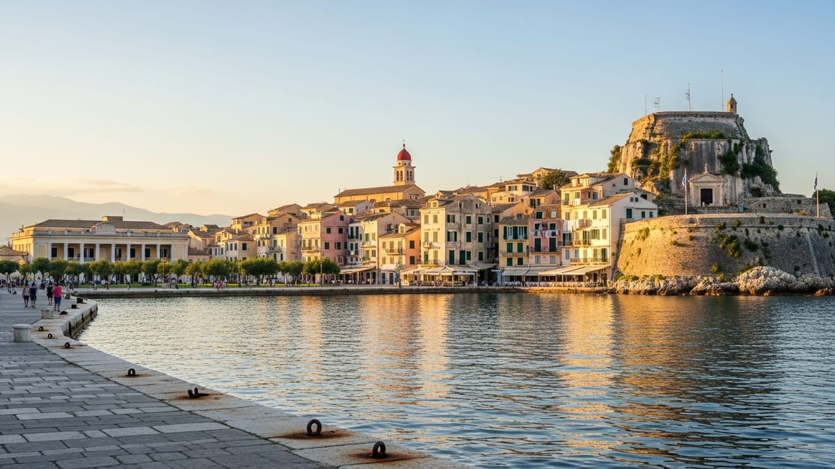 Golden hour view of Corfu Town's UNESCO-listed Old Town and Fortress