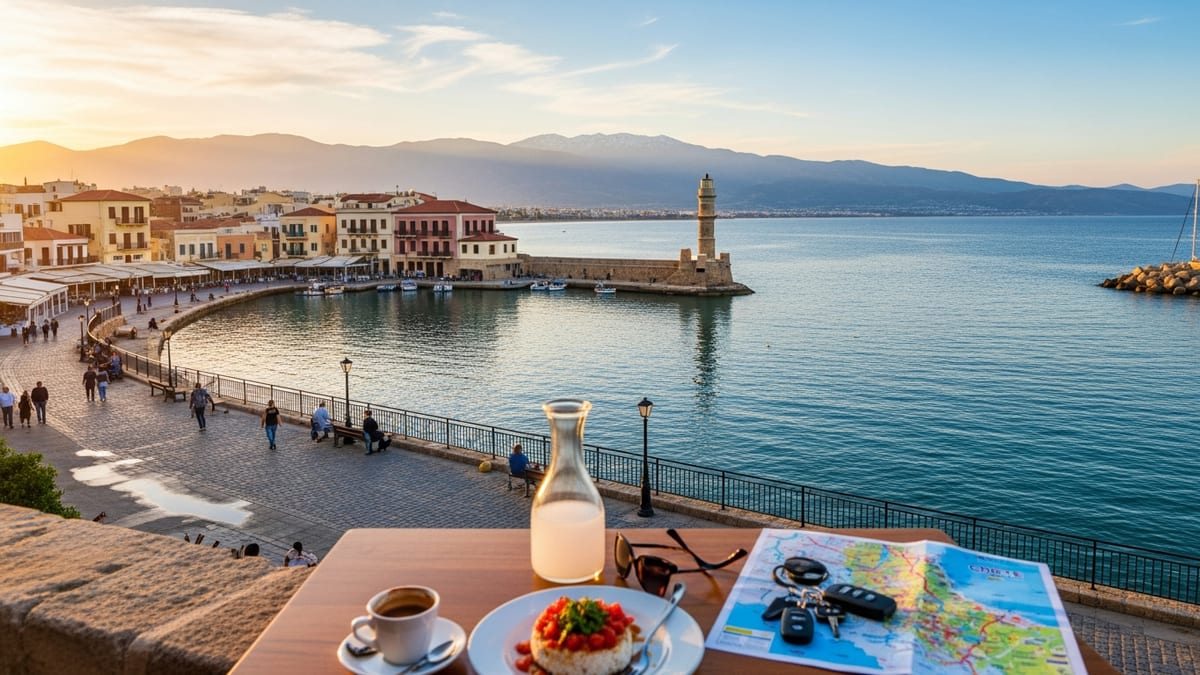 Golden hour in Crete: Venetian harbor, lighthouse, mountains, and cafe table with local food.