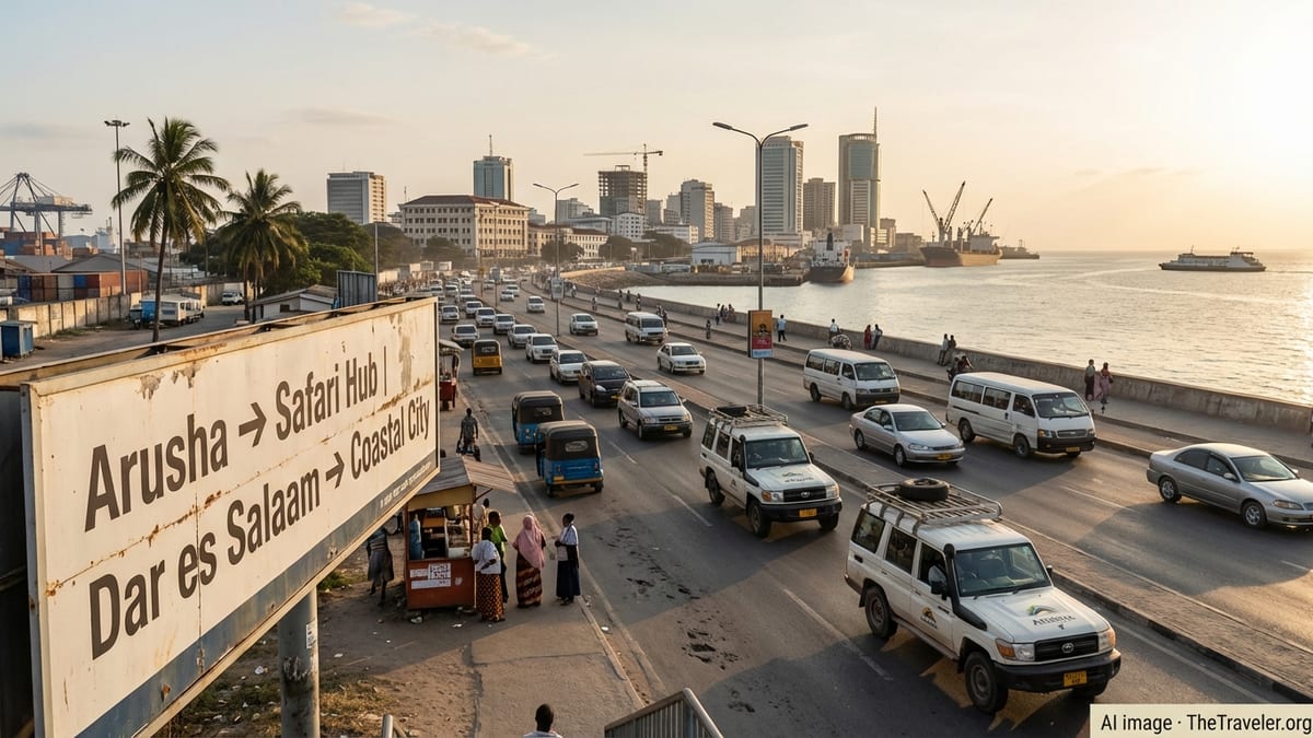 Golden hour view of busy Dar es Salaam harborfront with Arusha/Dar es Salaam sign.