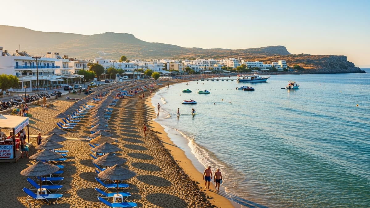 Golden hour at Faliraki beach, Rhodes, Greece, in late September