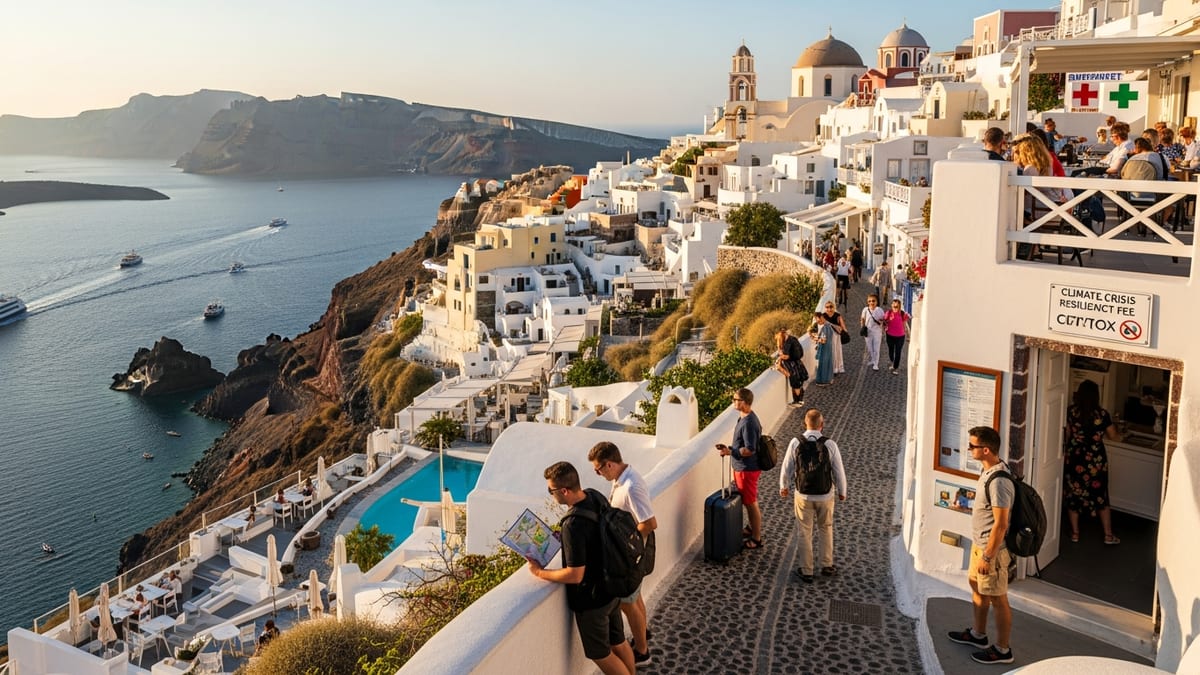 Golden hour photo of Fira's caldera rim in Santorini, Greece, bustling with tourists.