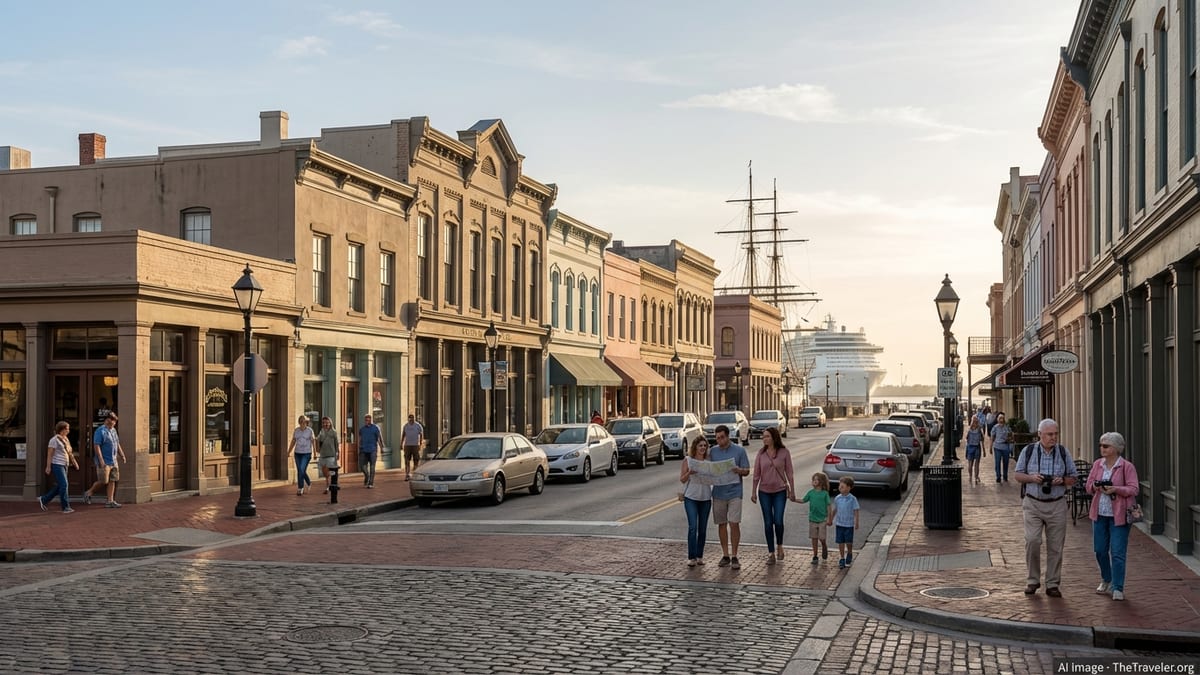 Golden hour view of Galveston's Strand district with lively streets and historic architecture.