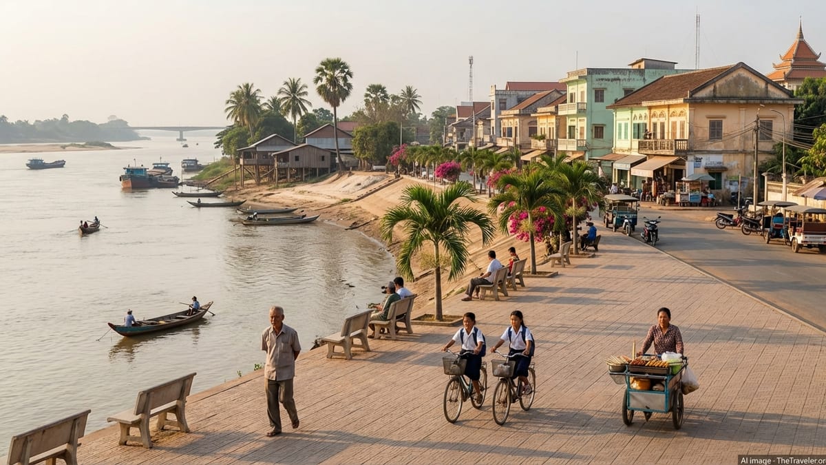 Golden hour at Kampong Cham's riverfront promenade, Cambodia.