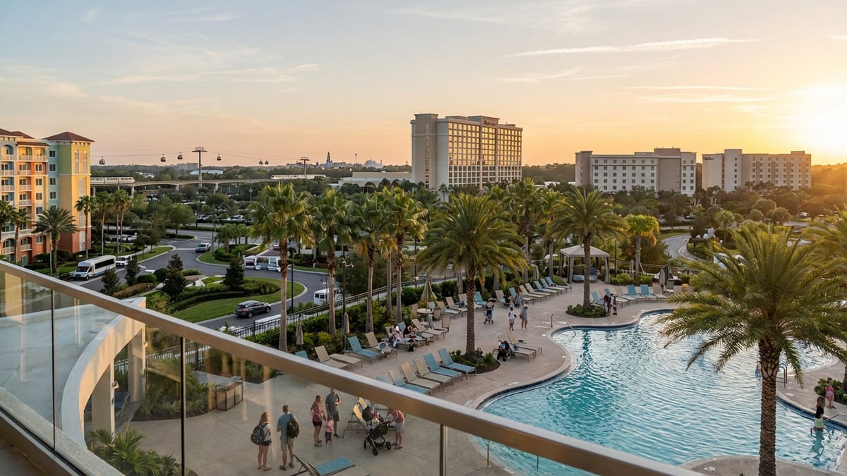 Golden hour view of Lake Buena Vista hotel corridor near Walt Disney World.