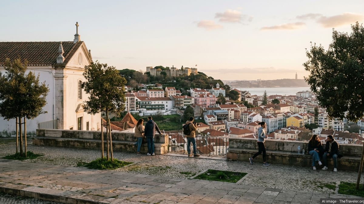 Golden hour view from Miradouro da Senhora do Monte in Lisbon, Portugal.