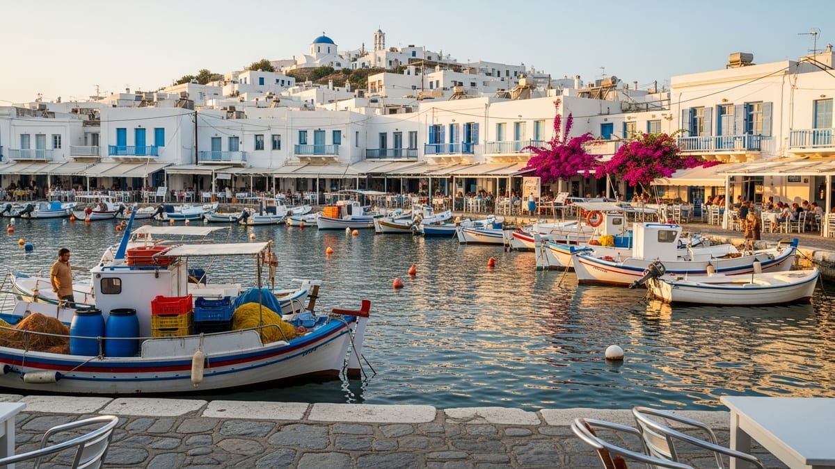 Golden hour view of Naoussa harbor in Paros, Greece with boats and cafes.