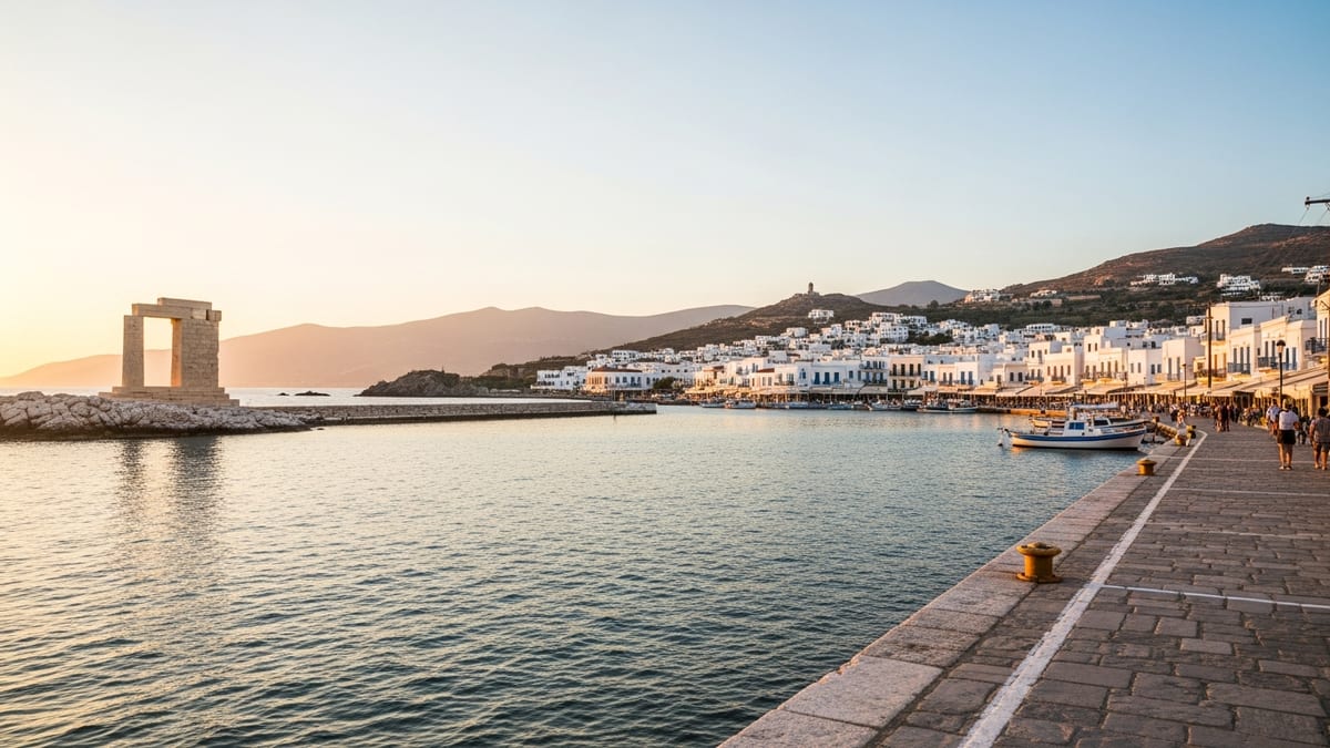 Golden hour view of Naxos harbor