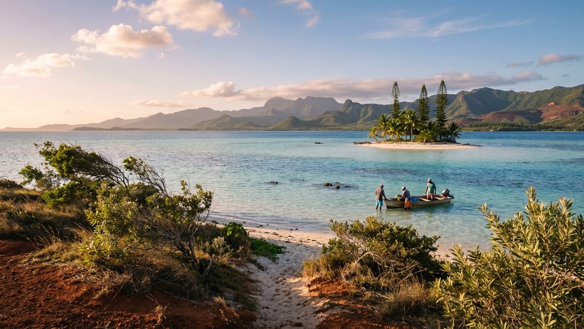 Golden hour view of New Caledonia's UNESCO-listed lagoon and Grande Terre coastline. 