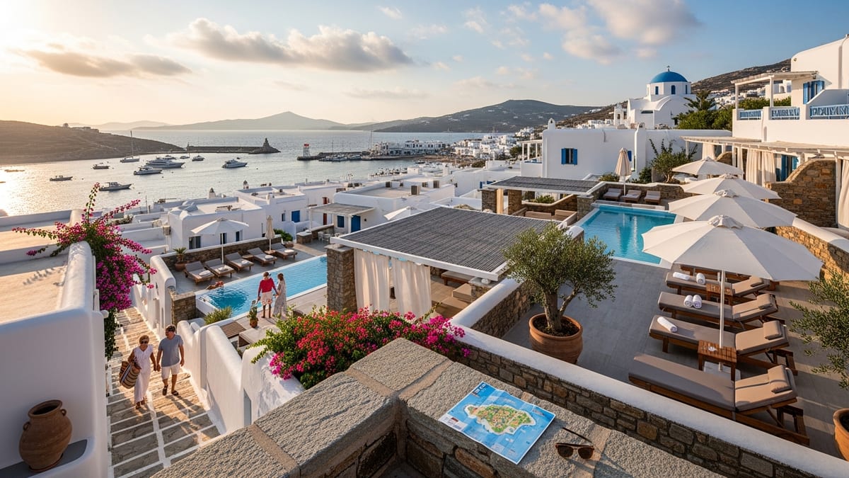 hotel terrace overlooking the traditional Cycladic architecture