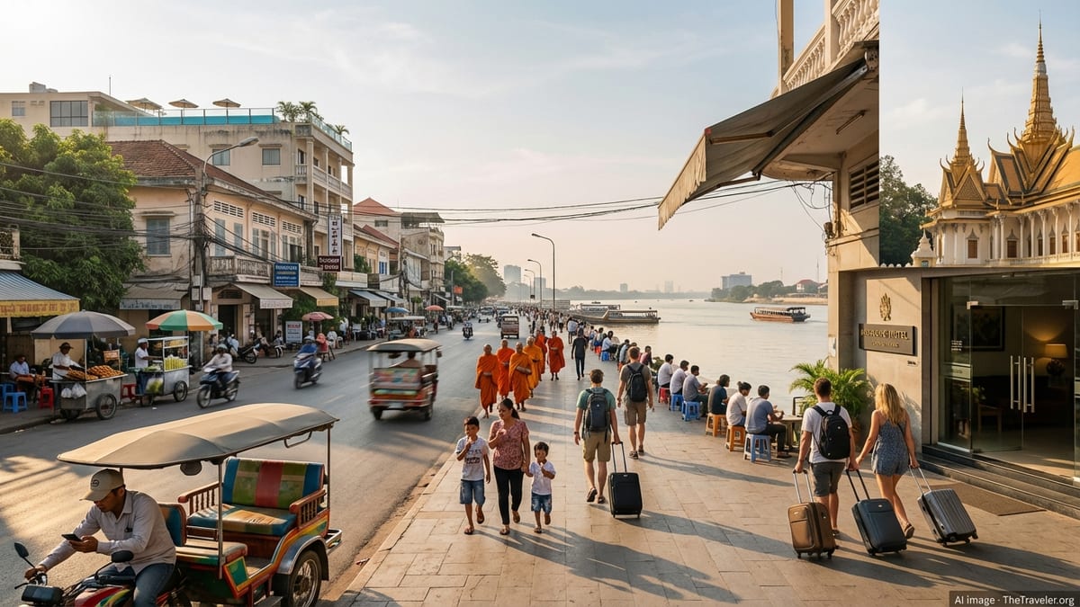 Golden hour at Phnom Penh's riverfront with locals, travelers, and Royal Palace.