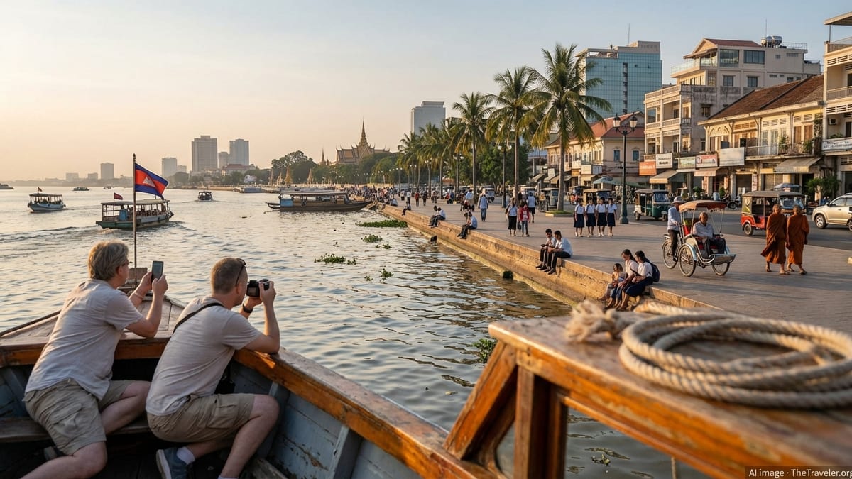 Golden hour view of Phnom Penh riverside from a sunset cruise boat.