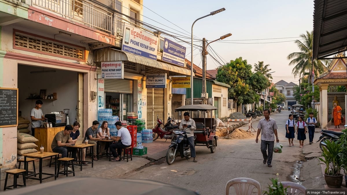 Golden hour street scene in Siem Reap, Cambodia, showing local life and businesses.