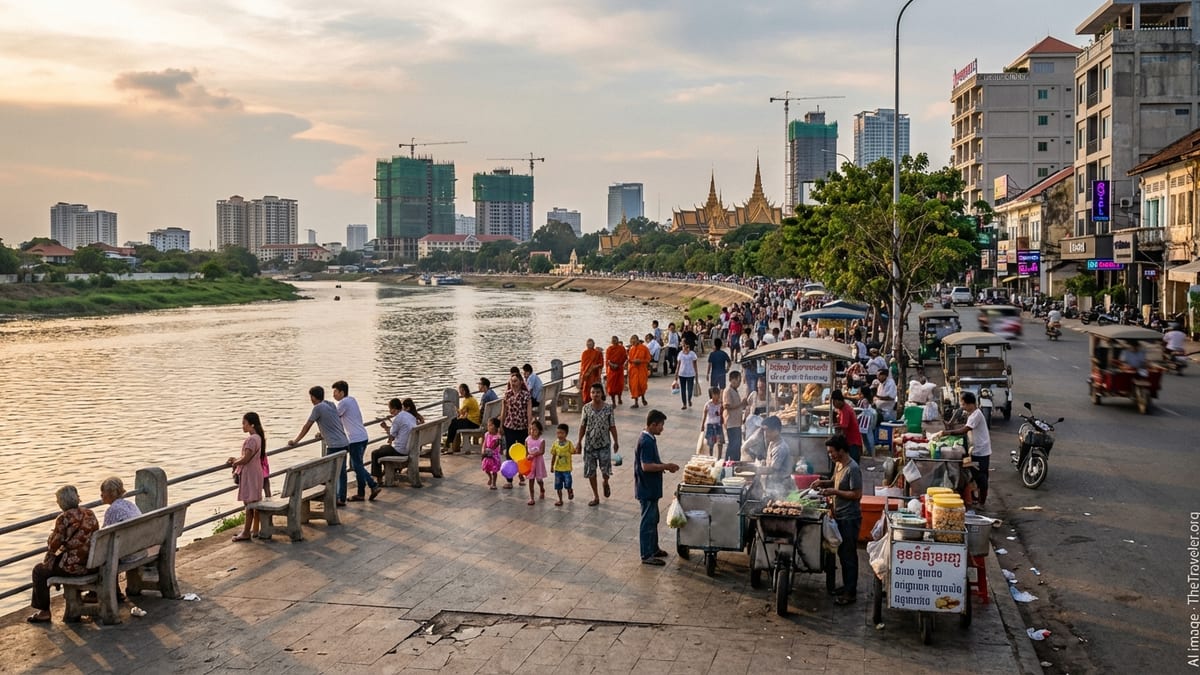 Golden hour view of Sisowath Quay promenade in Phnom Penh, Cambodia.