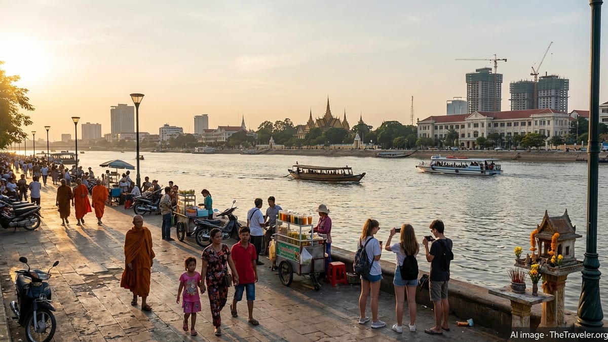 Golden hour at Phnom Penh's Sisowath Quay showcasing local life and evolving skyline.