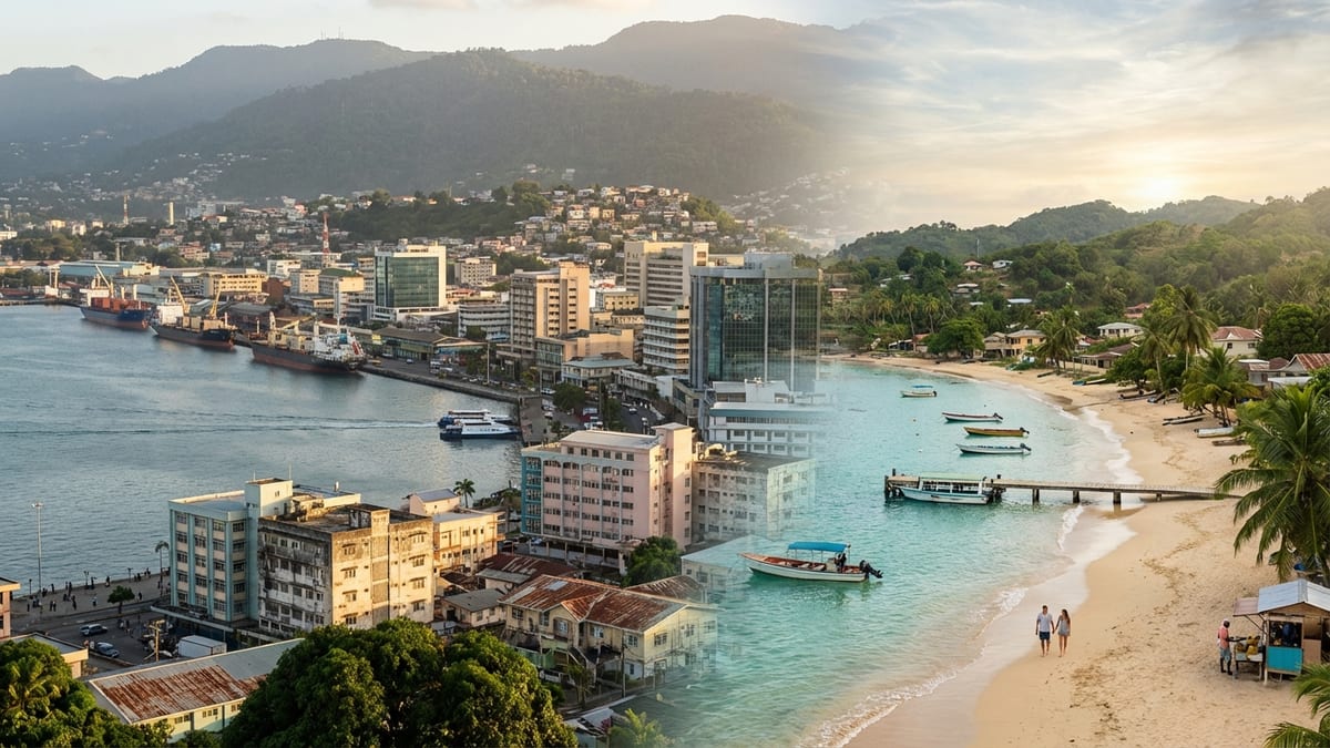 Golden hour view of Trinidad's bustling cityscape transitioning into Tobago's serene beachfront.
