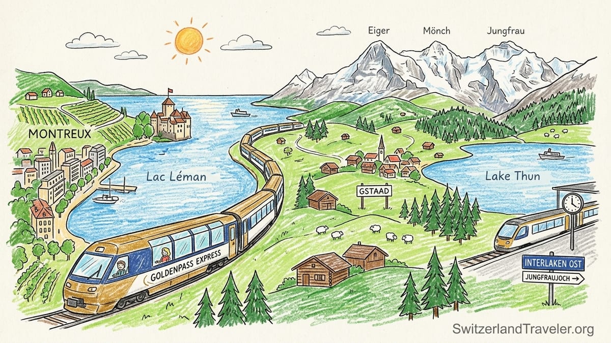 GoldenPass Express train at Montreux station with Lake Geneva and vineyards in the background.