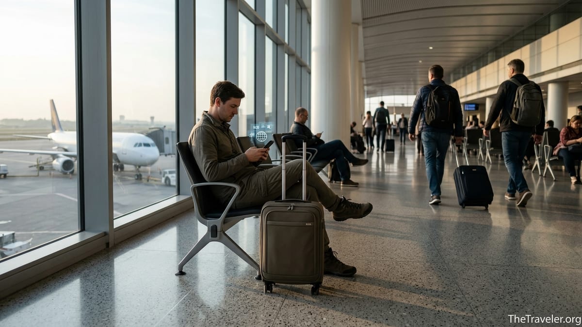 Traveler using a smartphone with eSIM apps in an airport departure hall.