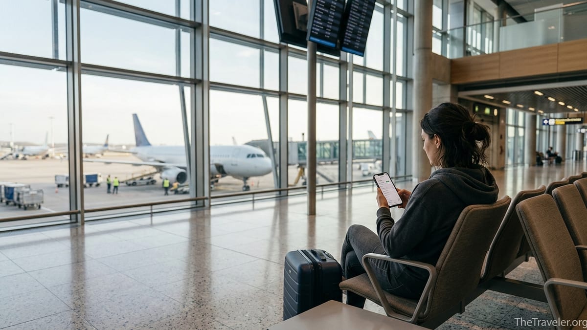 Traveler in an airport departure lounge checking mobile eSIM data on phone by a window with a plane outside.