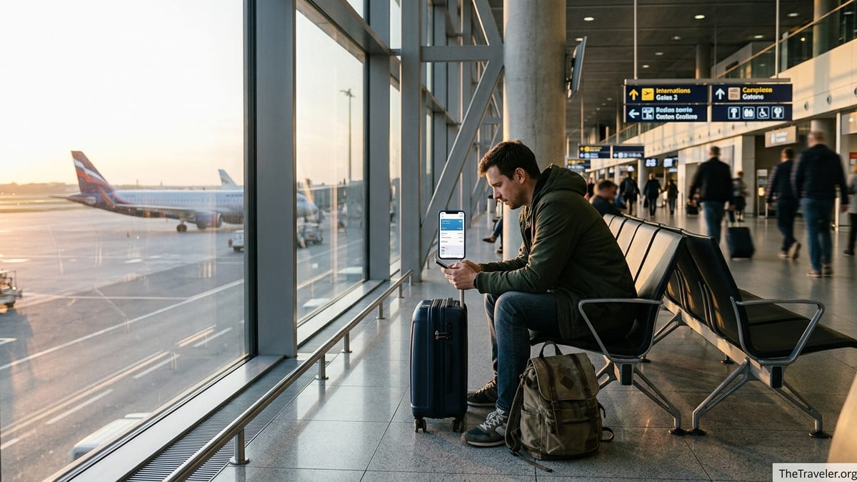 Traveler in an airport using a smartphone eSIM app with planes outside at sunset.