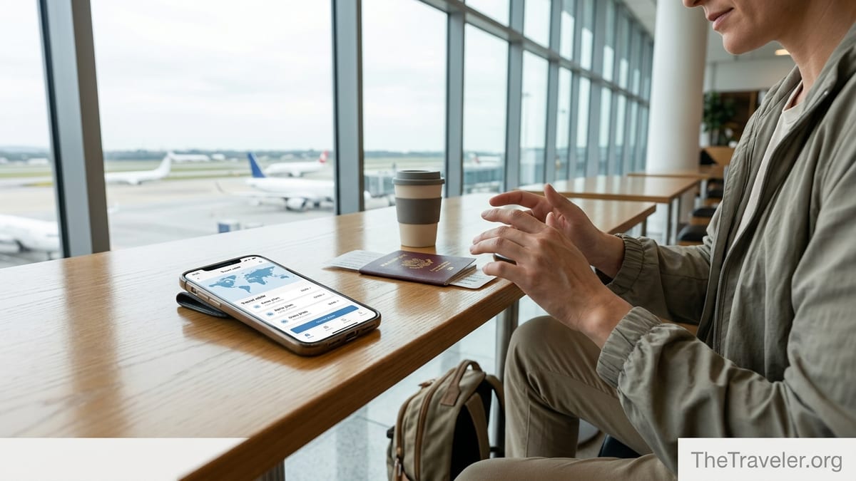 Traveler using a smartphone eSIM app in an airport lounge with runway view.