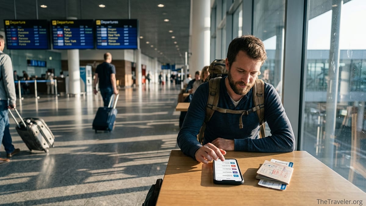 Traveler comparing eSIM options on a phone at an airport café table.