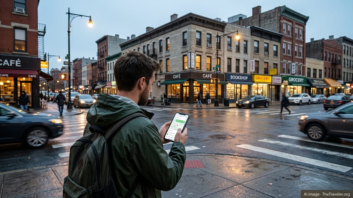 Traveler using a smartphone with a maps chat interface at a busy city intersection at dusk.