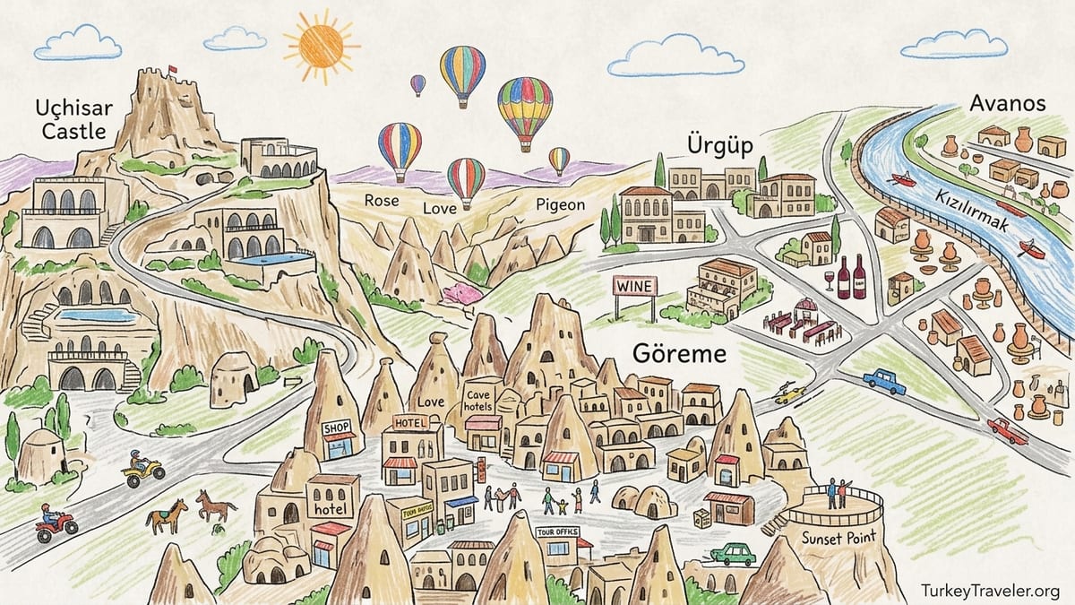 Aerial sunrise view of Göreme, Uçhisar, Ürgüp and Avanos with balloons over Cappadocia’s valleys.