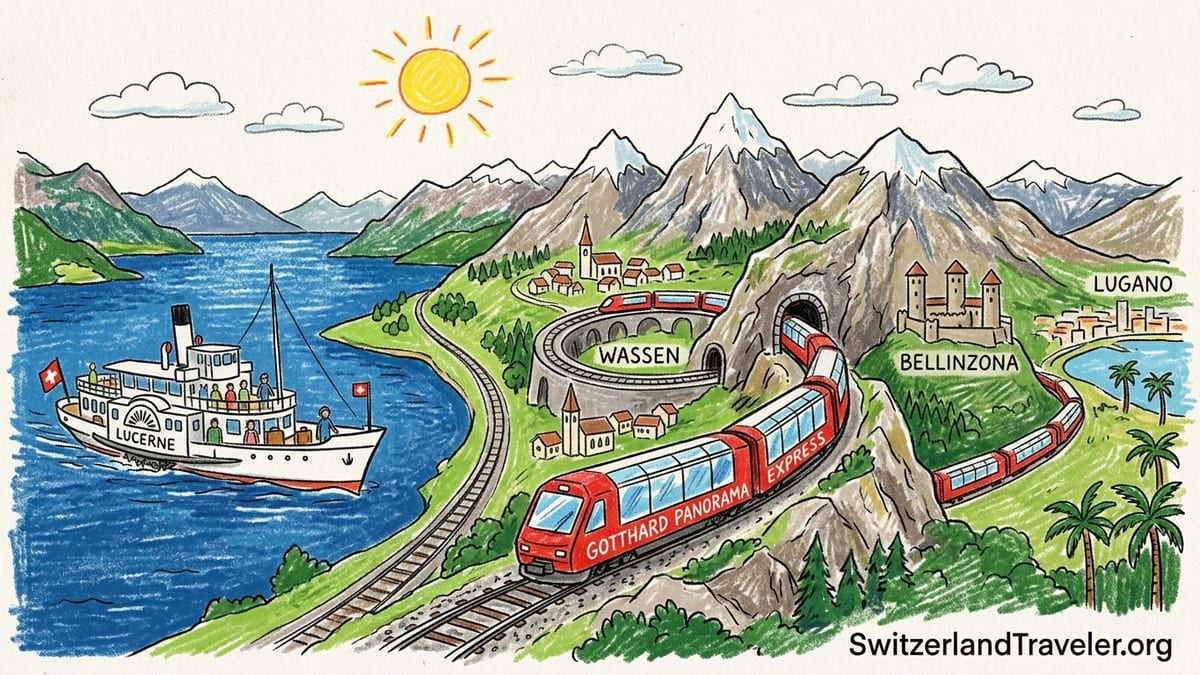 Lake Lucerne steamboat approaching Flüelen with Gotthard panoramic train visible on the shore.