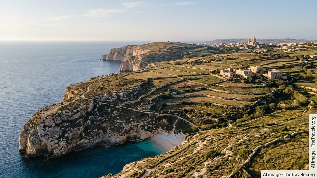 Aerial view of Gozo’s terraced fields, cliffs and a secluded bay at sunset.