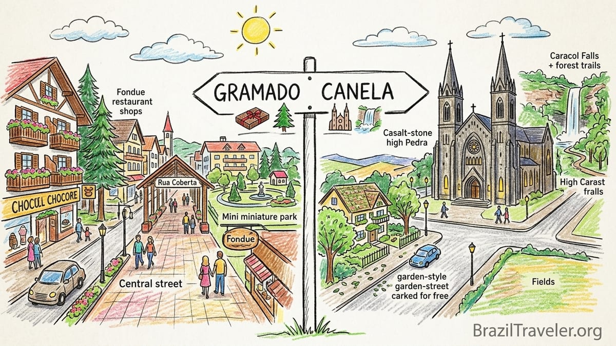 Evening street scene in central Gramado with European-style buildings and warm lights